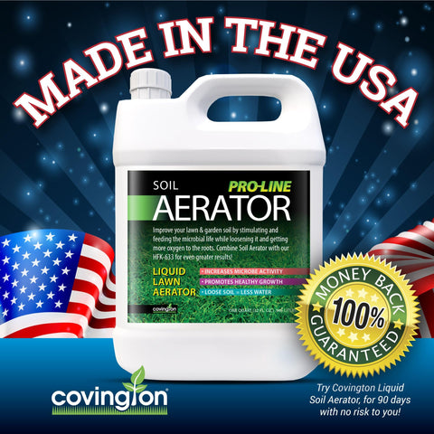 Covington Naturals Pro-Line Liquid Aerator bottle-application shows convenient dosing for clay soil.