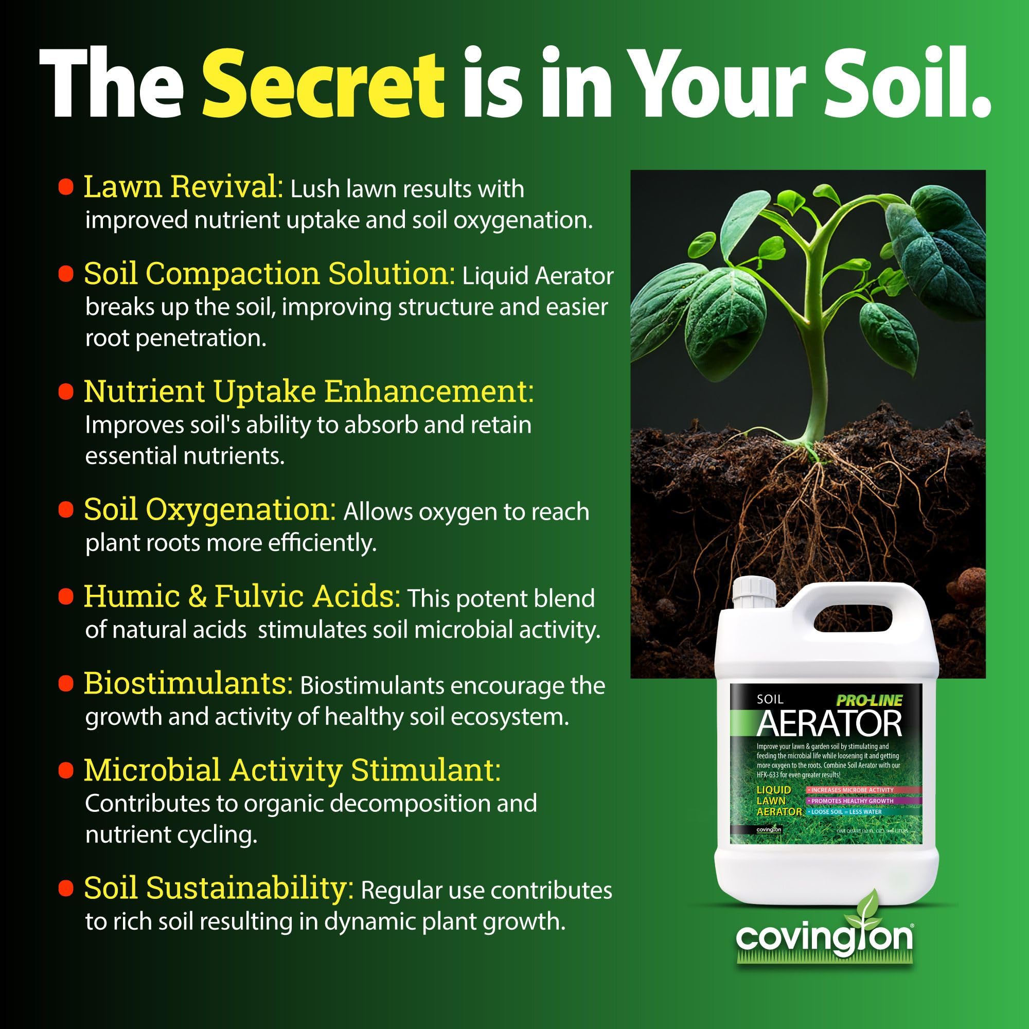 Covington Naturals Pro-Line Liquid Aerator clay-soil-boost conveys reduced compaction underfoot.