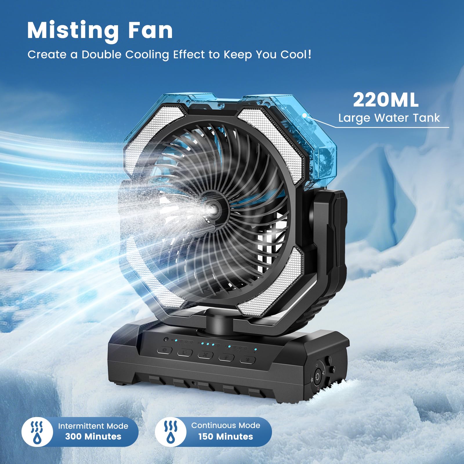 covozon misting fan water tank close-up highlights 250 mL capacity