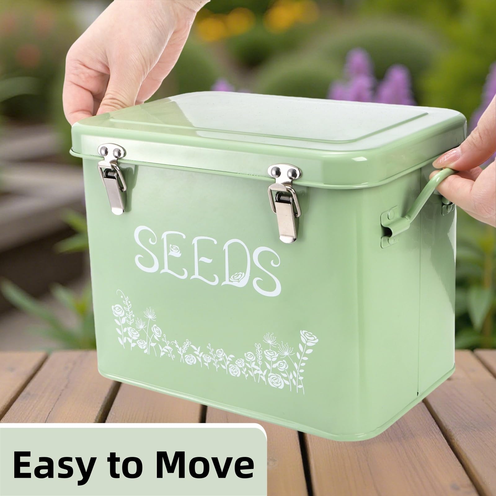 Seed container with safety locks prevents spills.