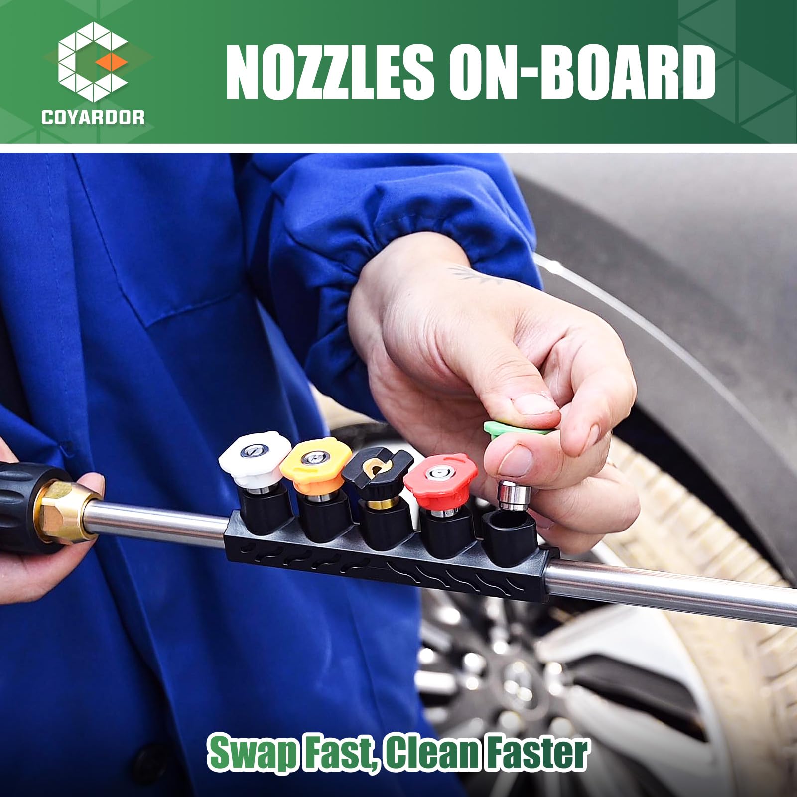 Coyardor five nozzle tips for versatile angles and soap mode