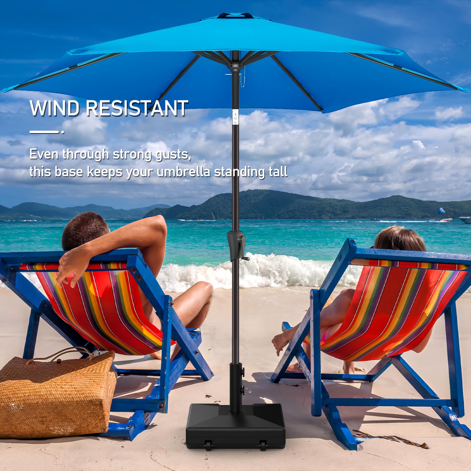 COZEER heavy-duty umbrella base with 120 lbs capacity keeps shade steady and wind-resistant.