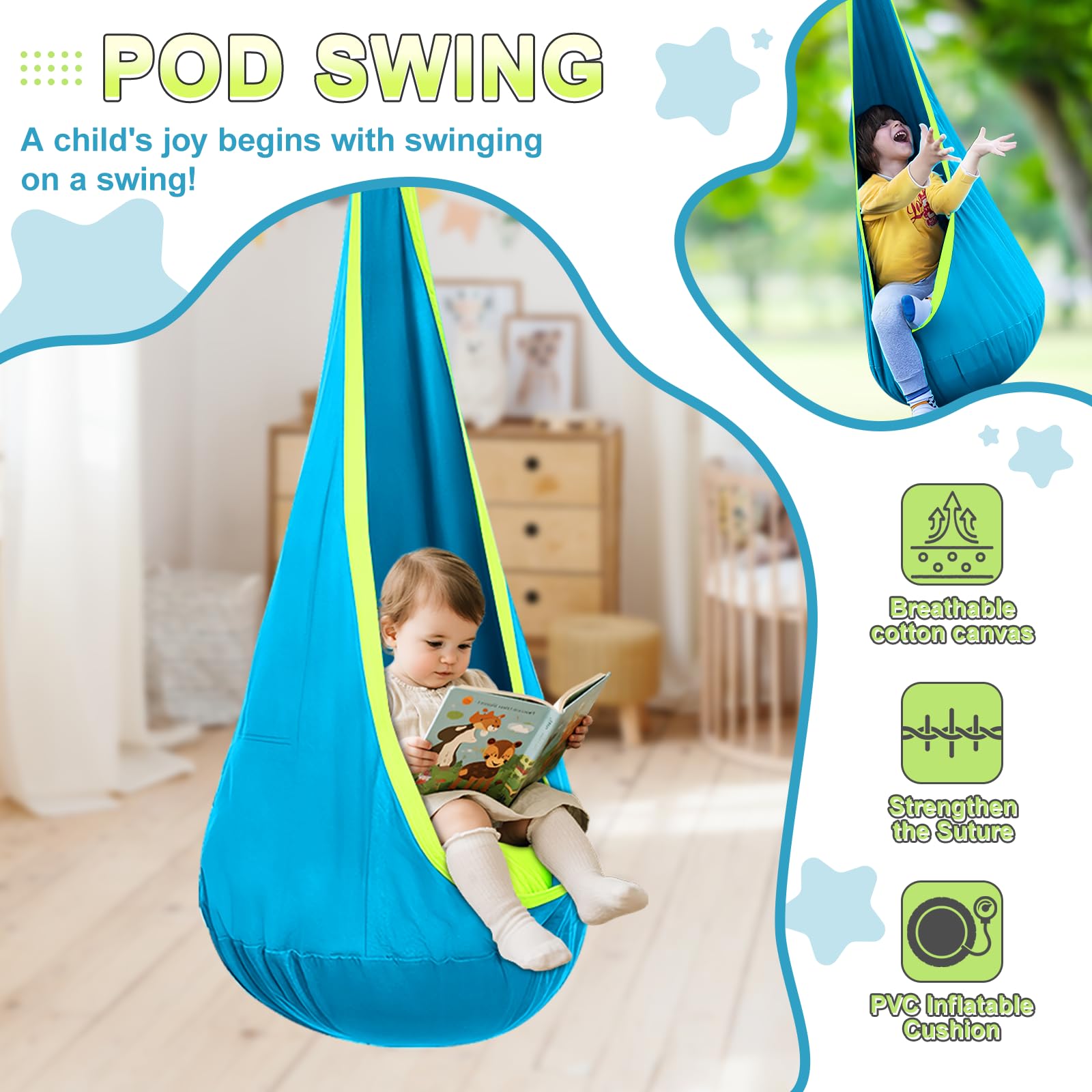 Cozeer pod swing canvas features reinforced stitching for safe, calm play.