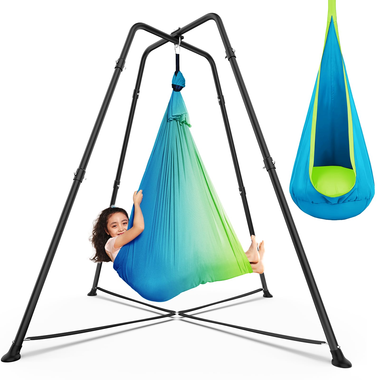 Cozeer swing stand with aqua gradient provides a stable outdoor frame for family play.