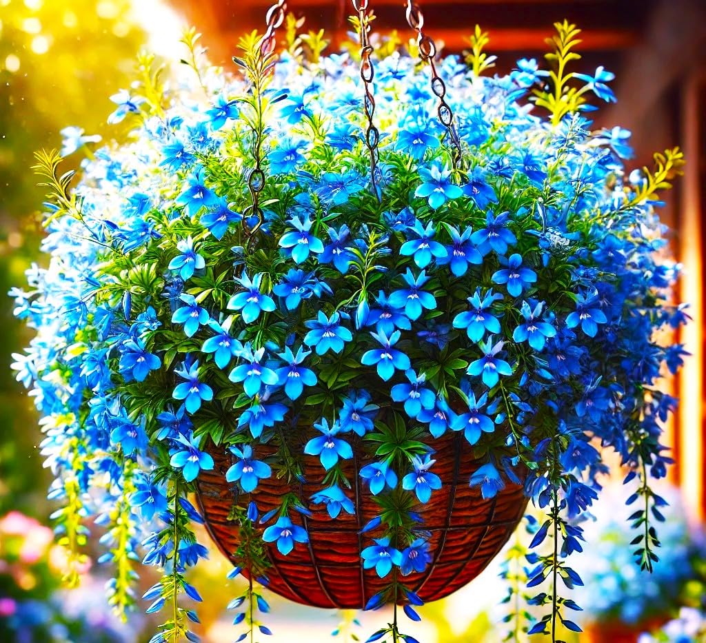 Cozy Crib Seeds Lobelia Blue Cascade blooms brighten containers with vibrant blue color.