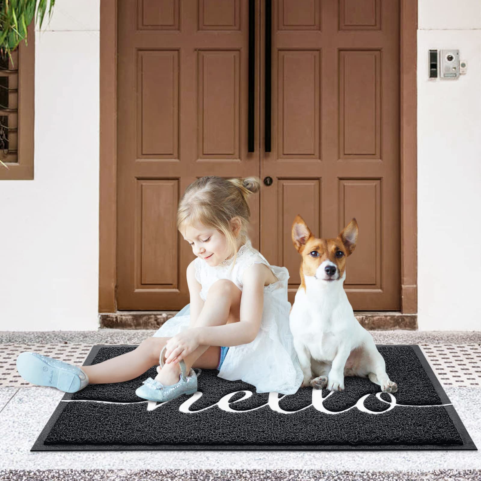 Close-up of the embossed 'HELLO' design on CozyBounty doormat.