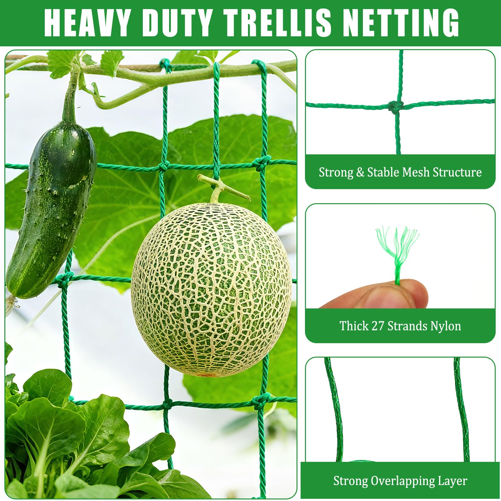 COZYDIG heavy-duty nylon grid provides long-lasting support for cucumbers and tomatoes.