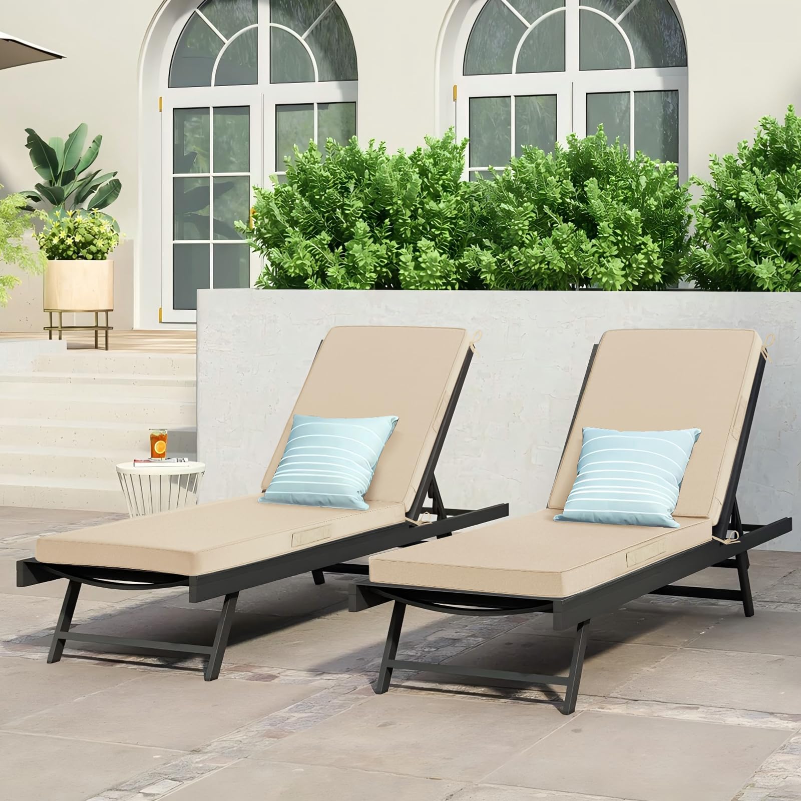 Cozyide beige outdoor cushions placed on a lounge chair for neutral styling.