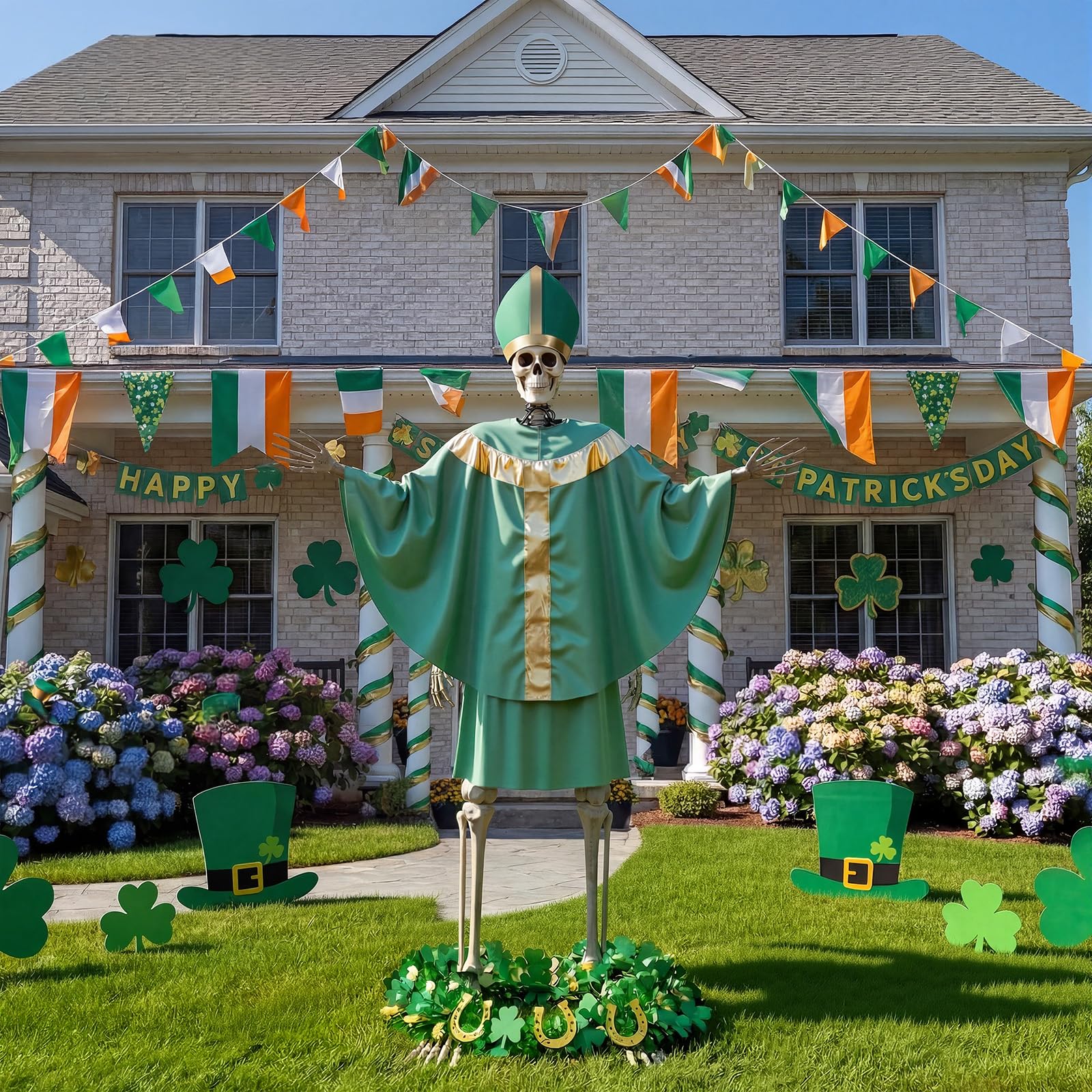 Cozypower green-gold Saint robe complements a 12 ft skeleton.