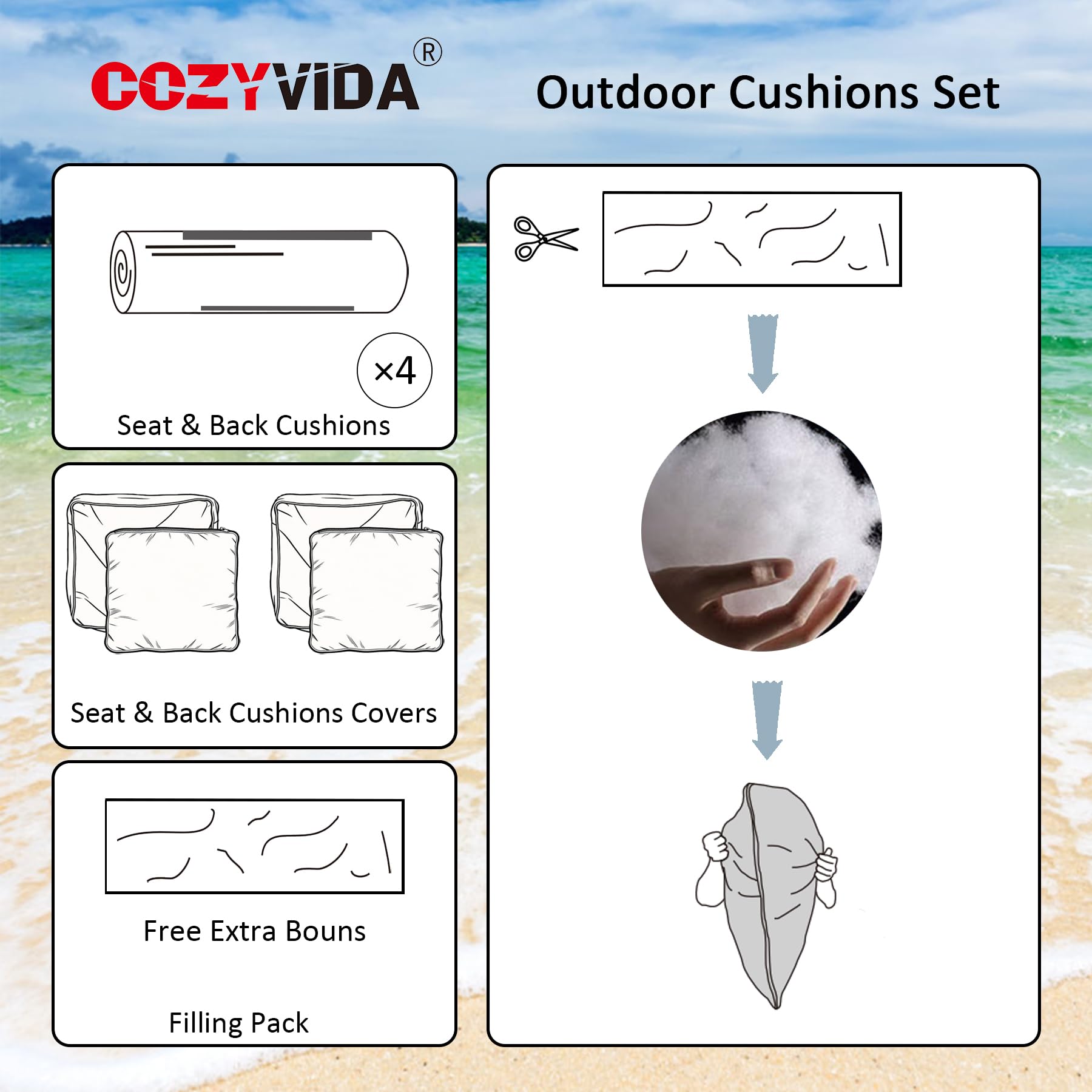 COZYVIDA recycled polyfiber back-fill offers plush loft and resilience.