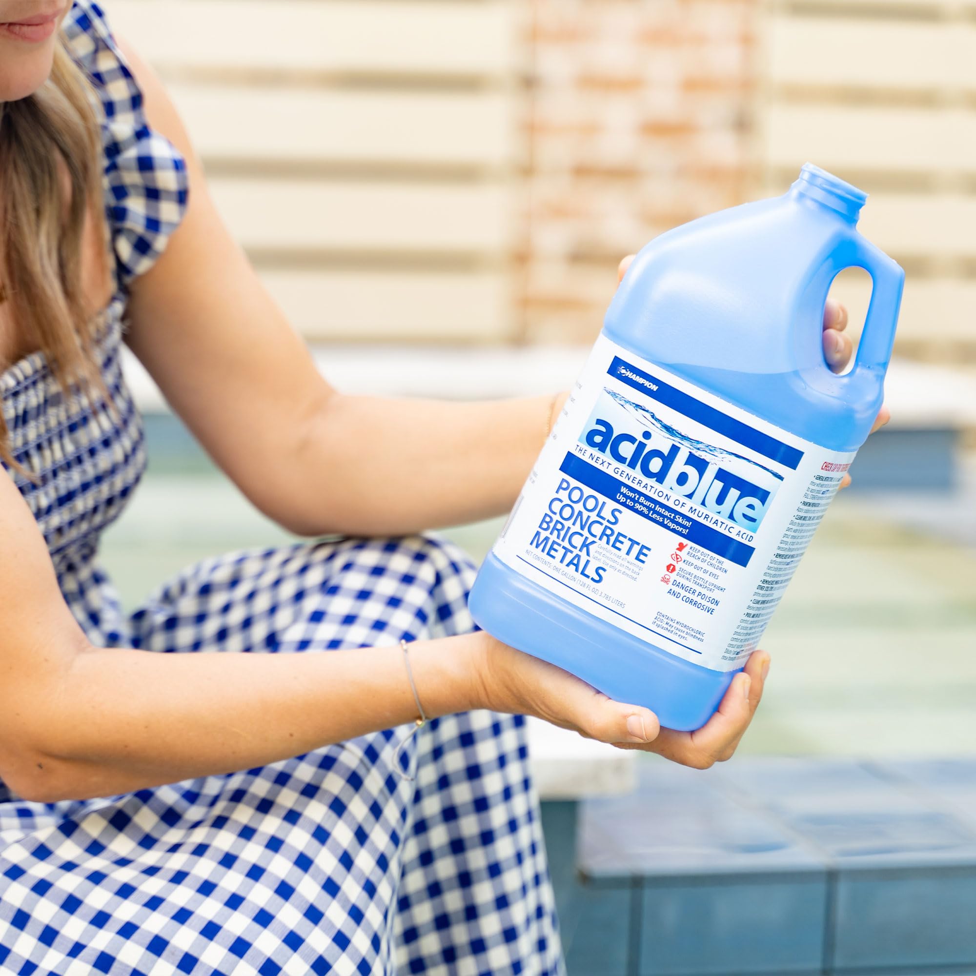 CPDI Champion Acid Blue shown in pool care setup with pH balance support