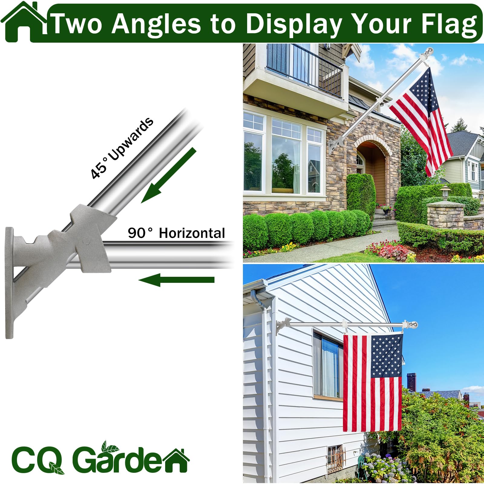 CQ Garden flag pole holder 90-degree display offers optimal visibility for banners.