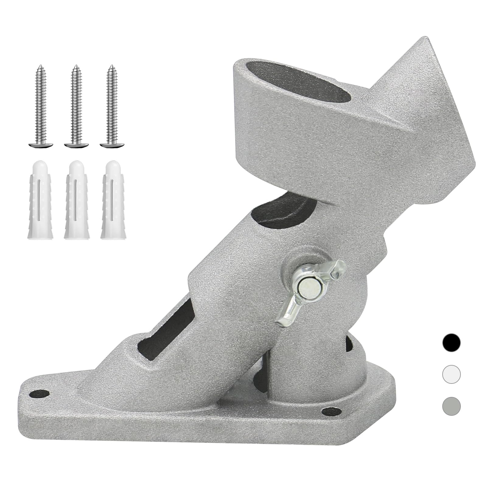 CQ Garden flag pole holder front view in silver shows sturdy aluminum construction for year-round display.