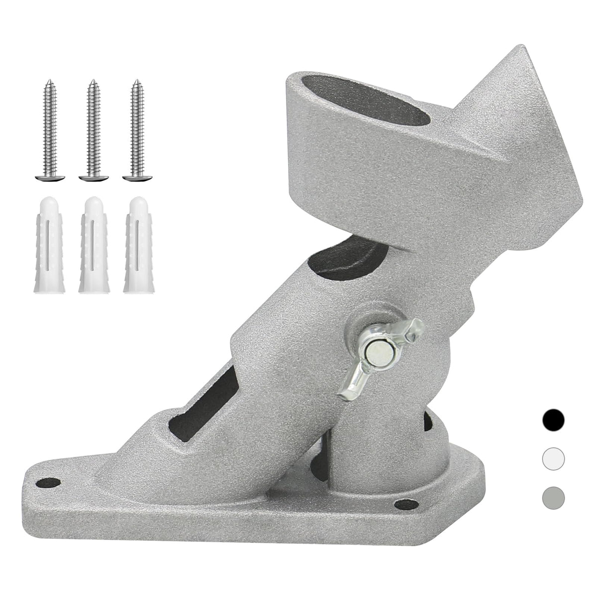 CQ Garden flag pole holder front view in silver shows sturdy aluminum construction for year-round display.