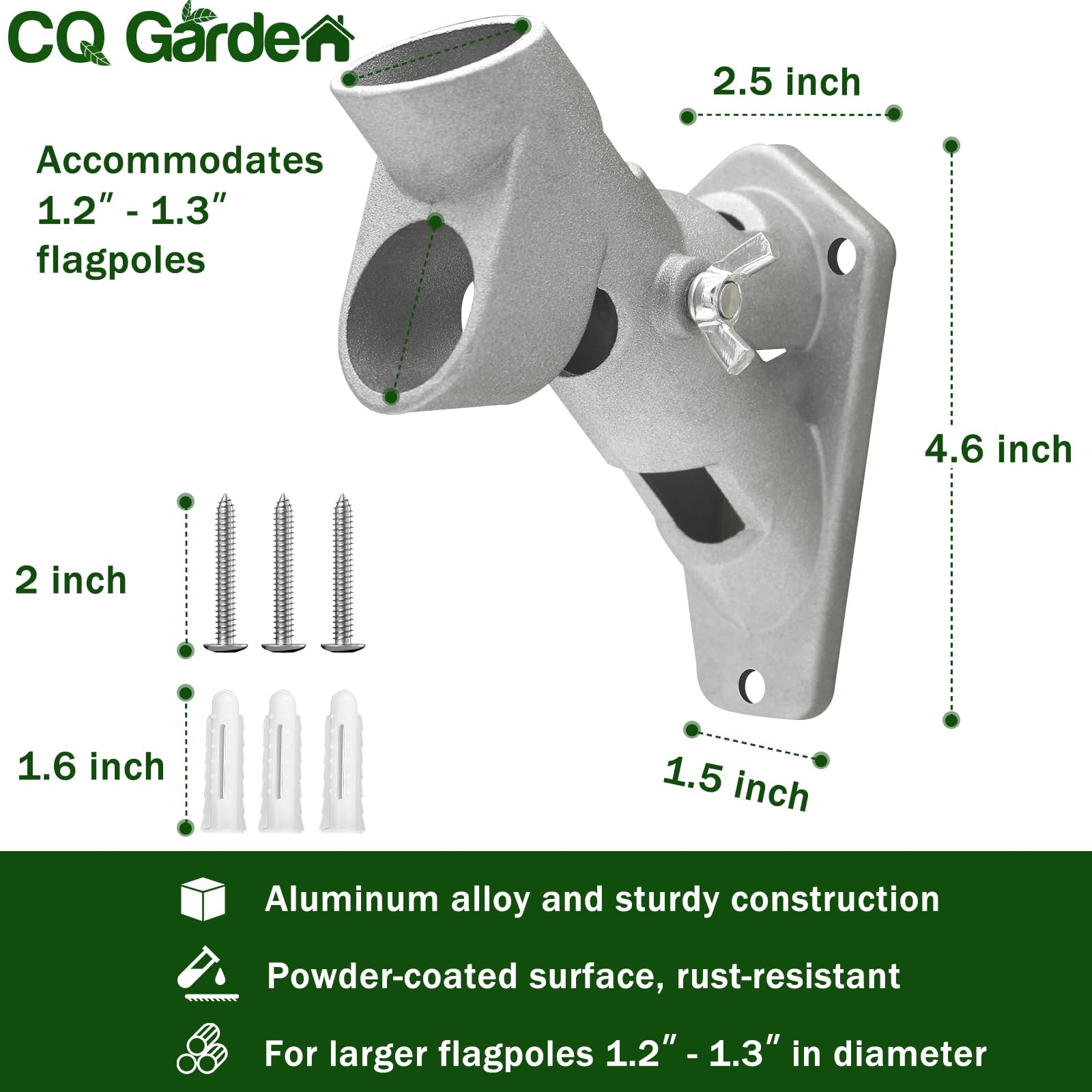 CQ Garden flag pole holder screws included for quick, secure wall mounting.