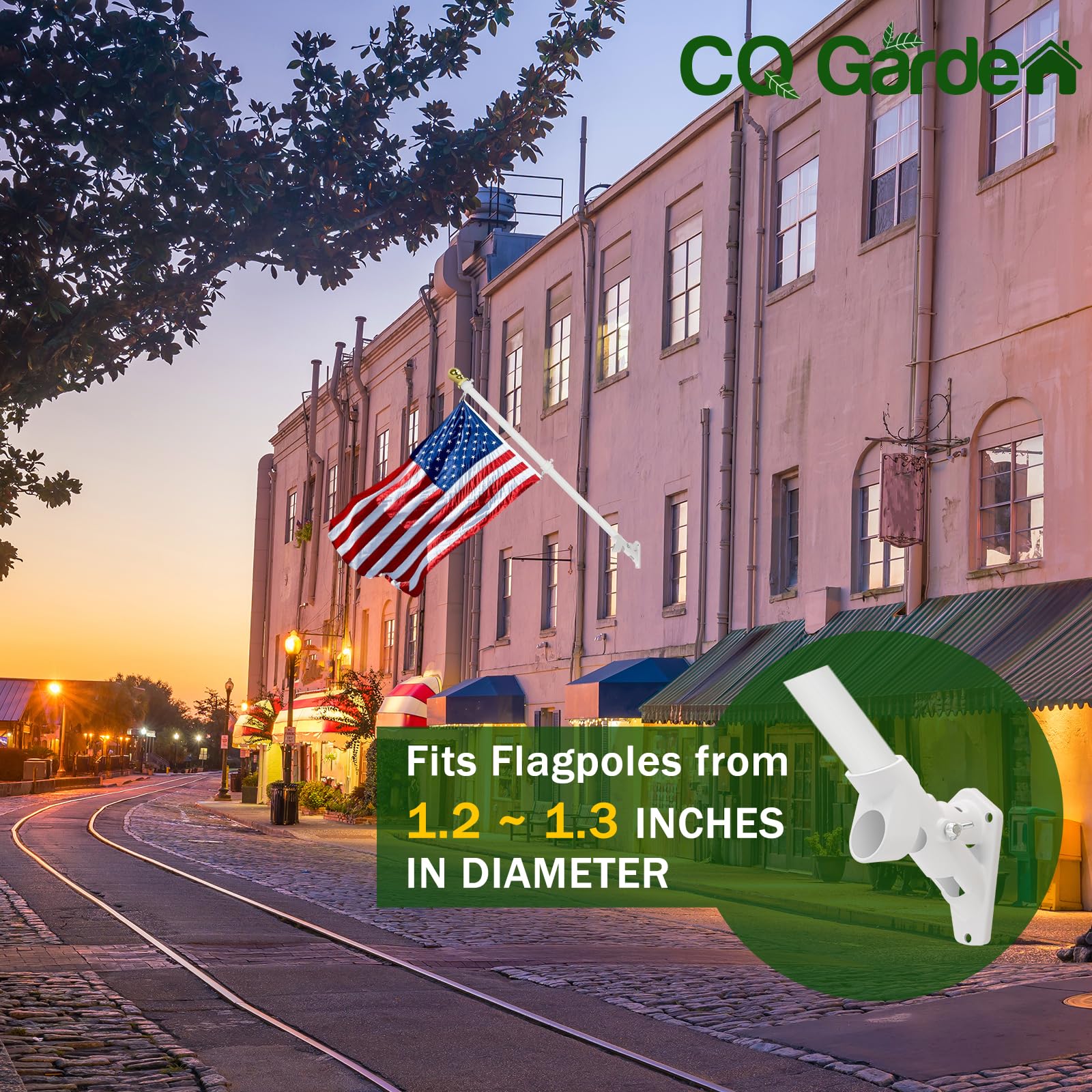 CQ Garden flag pole holder wall mount at 90 degrees for prominent visibility.