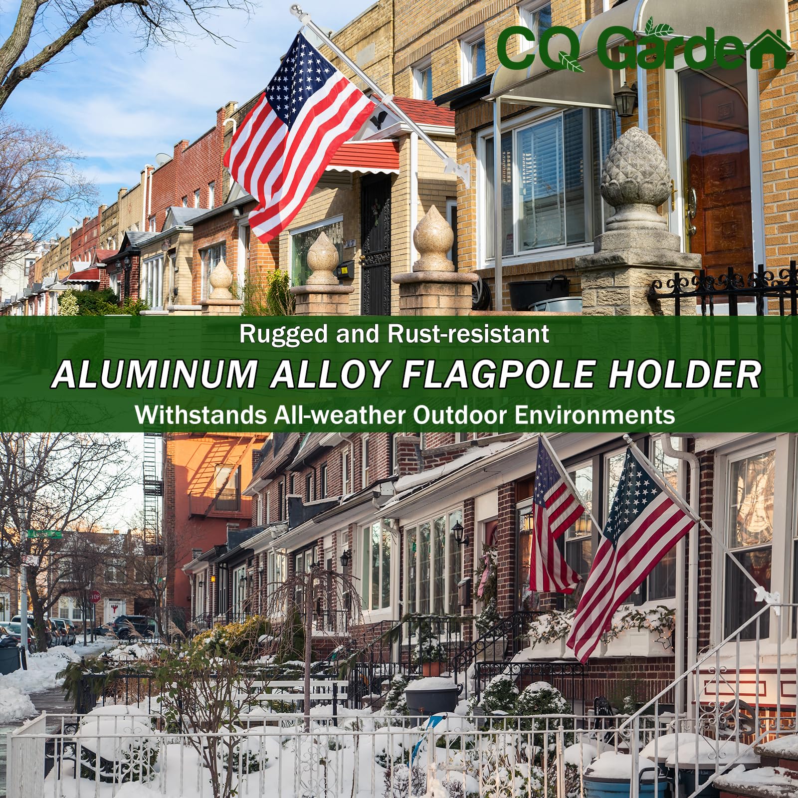 CQ Garden weather-resistant, rust-proof flag holder for year-round display.