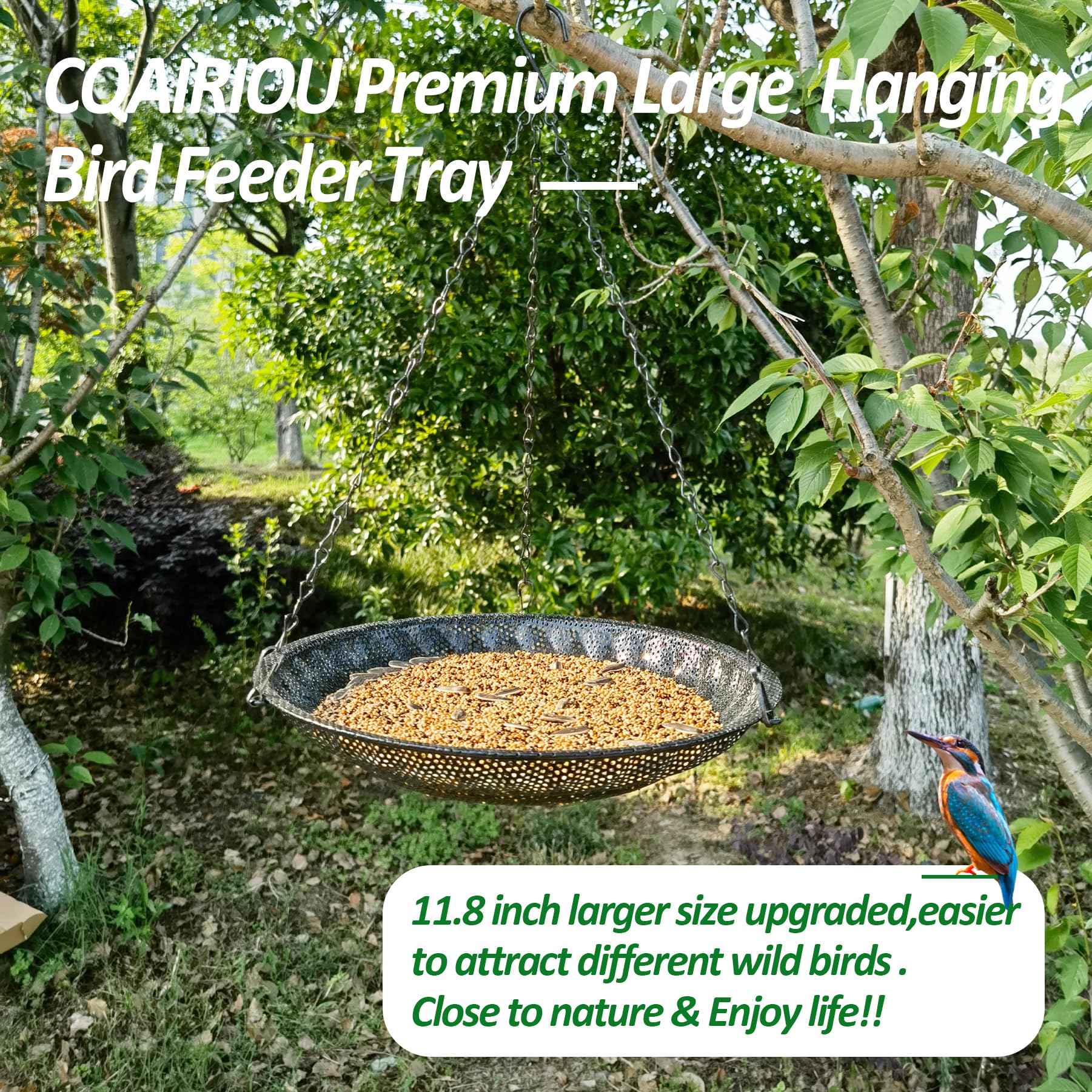 CQAIRIOU hanging bird feeder tray diameter 11.8 inches for larger seed capacity.