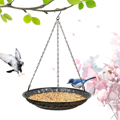 CQAIRIOU premium hanging bird feeder tray front view shows durable stainless steel design for outdoor use.