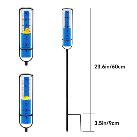 Cracrab rain gauge with stainless stake and playfully designed floaters.