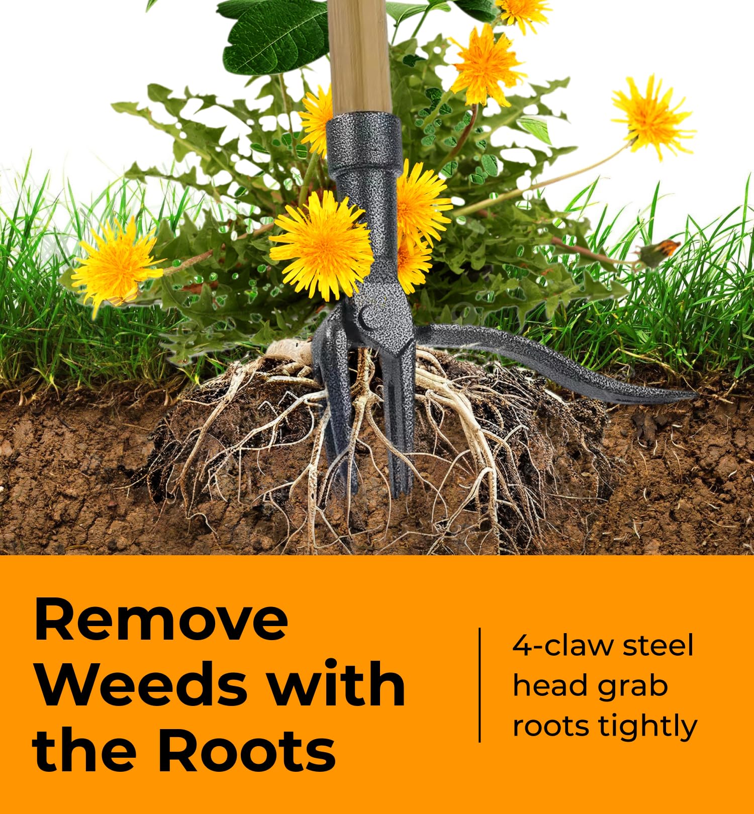 Craft911 four-claw cast iron head grips weed roots securely.