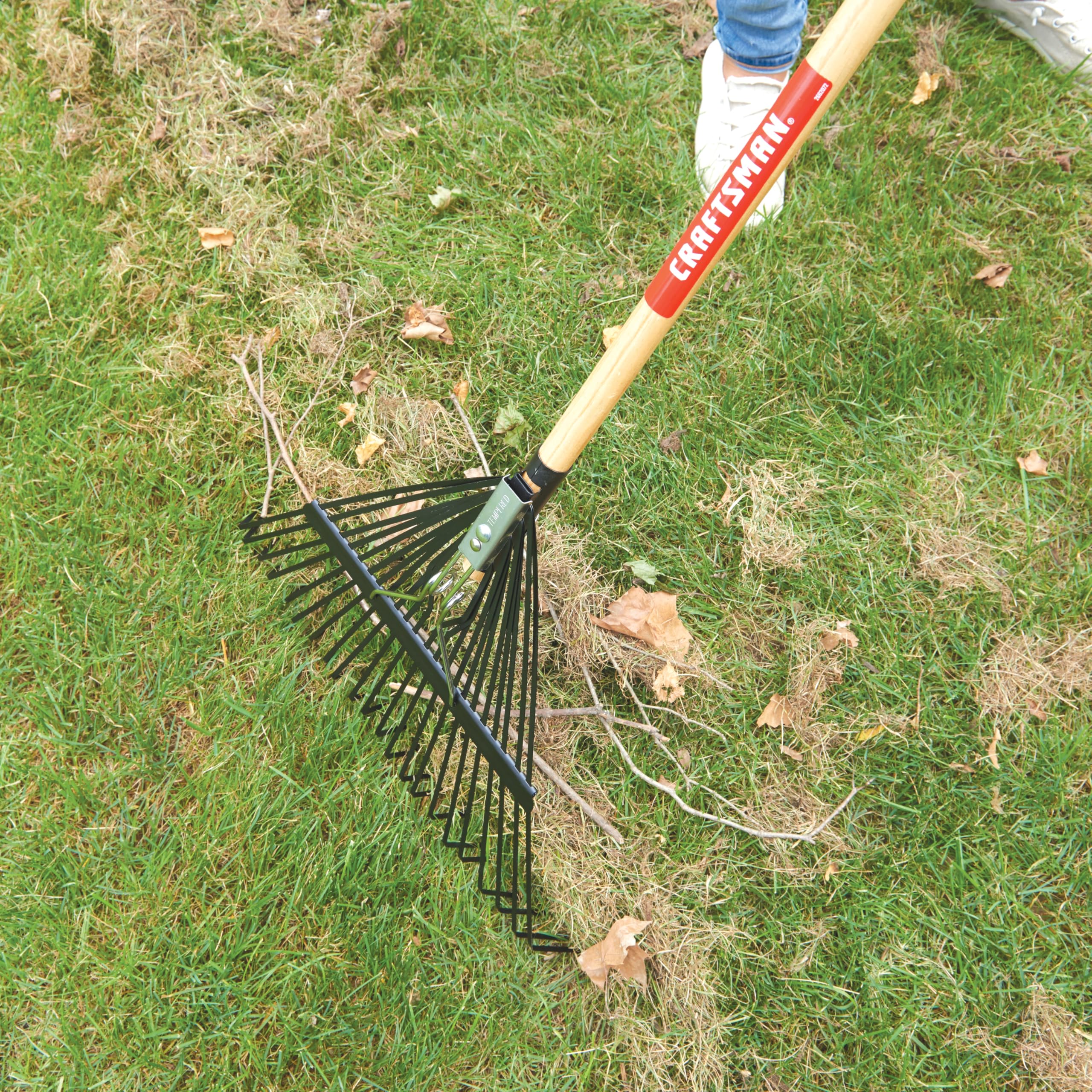 Craftsman 22-tine rake close-up emphasizes spring-backed tines that pull thatch.