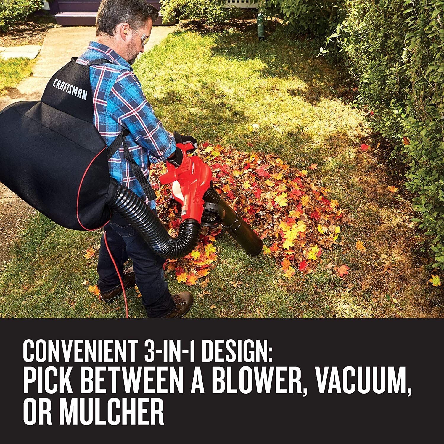 CRAFTSMAN 3-in-1 switch shows easy tool-free blower, vacuum, or mulcher transition.