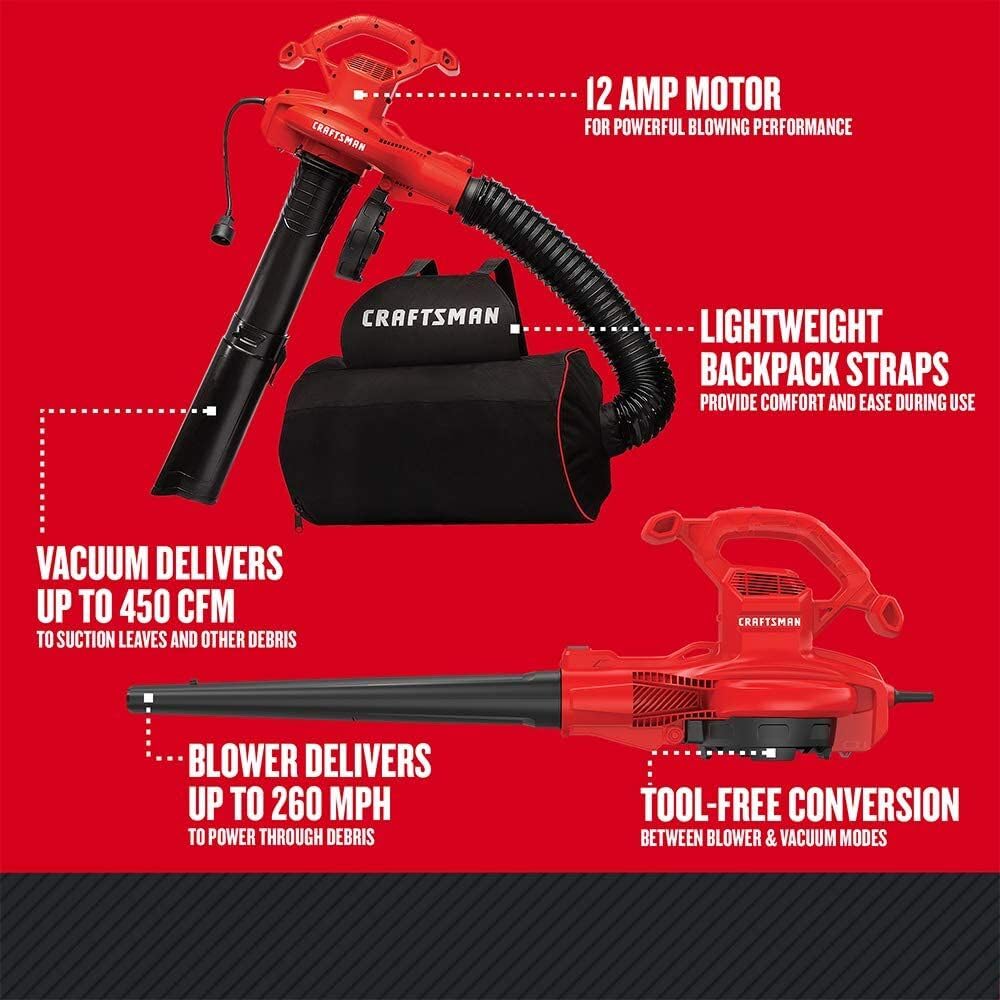 CRAFTSMAN 3-in-1 tool-free switch image emphasizing quick blower to vacuum mulcher conversion.