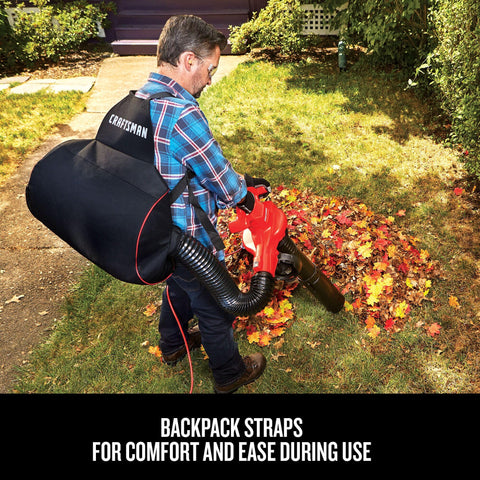 CRAFTSMAN backpack collection bag close-up illustrating 55 L capacity and easy emptying.