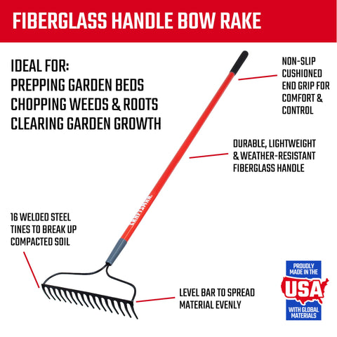 Craftsman bow rake with 16 tines for even material spread.