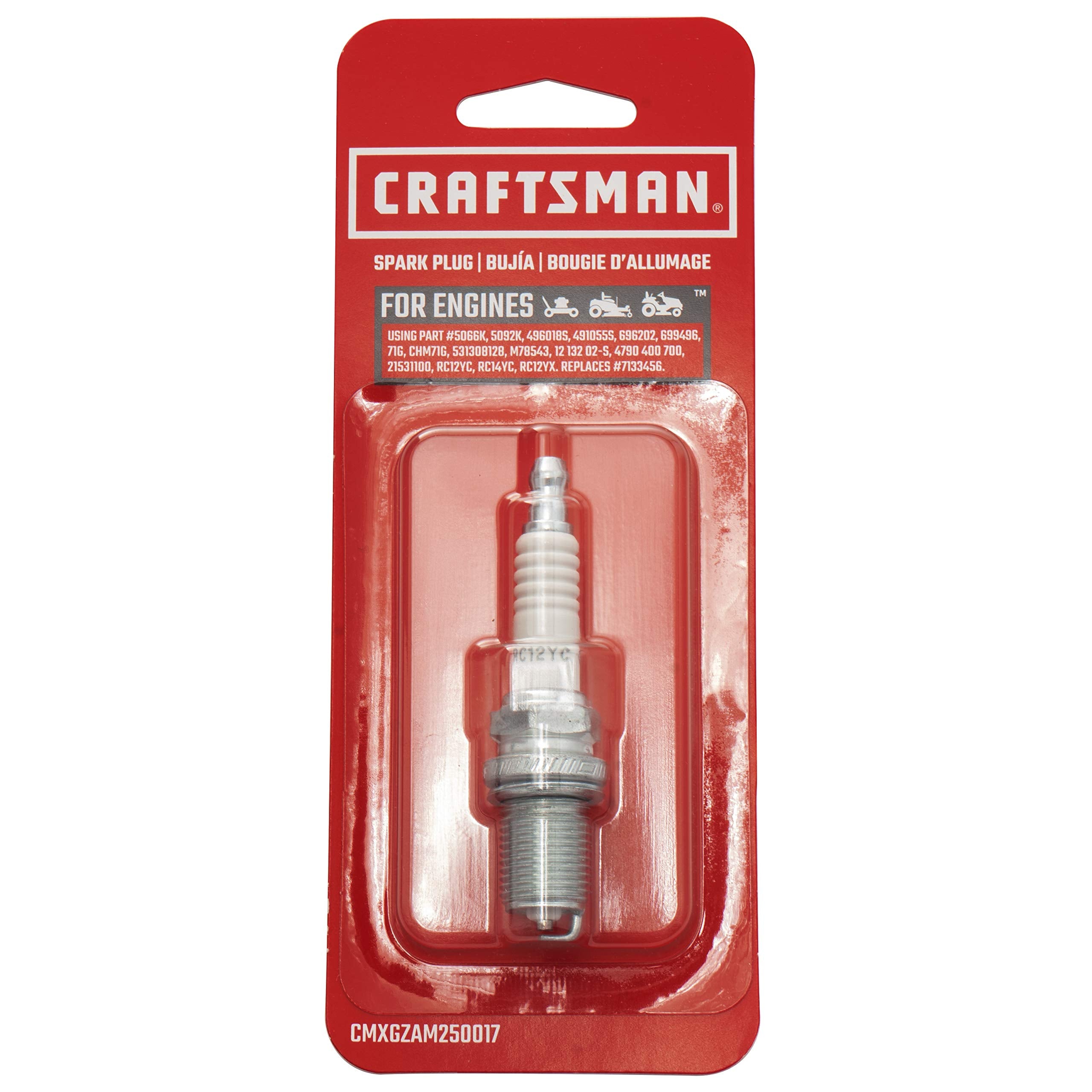 Craftsman CMXGZAM250017 RC12YC spark plug for walk and ride engines, potential smoother starts.