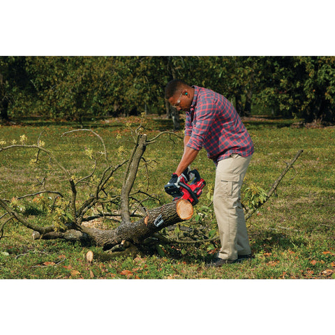 Craftsman cordless chainsaw 12-inch model for garage cleanup and yard work.