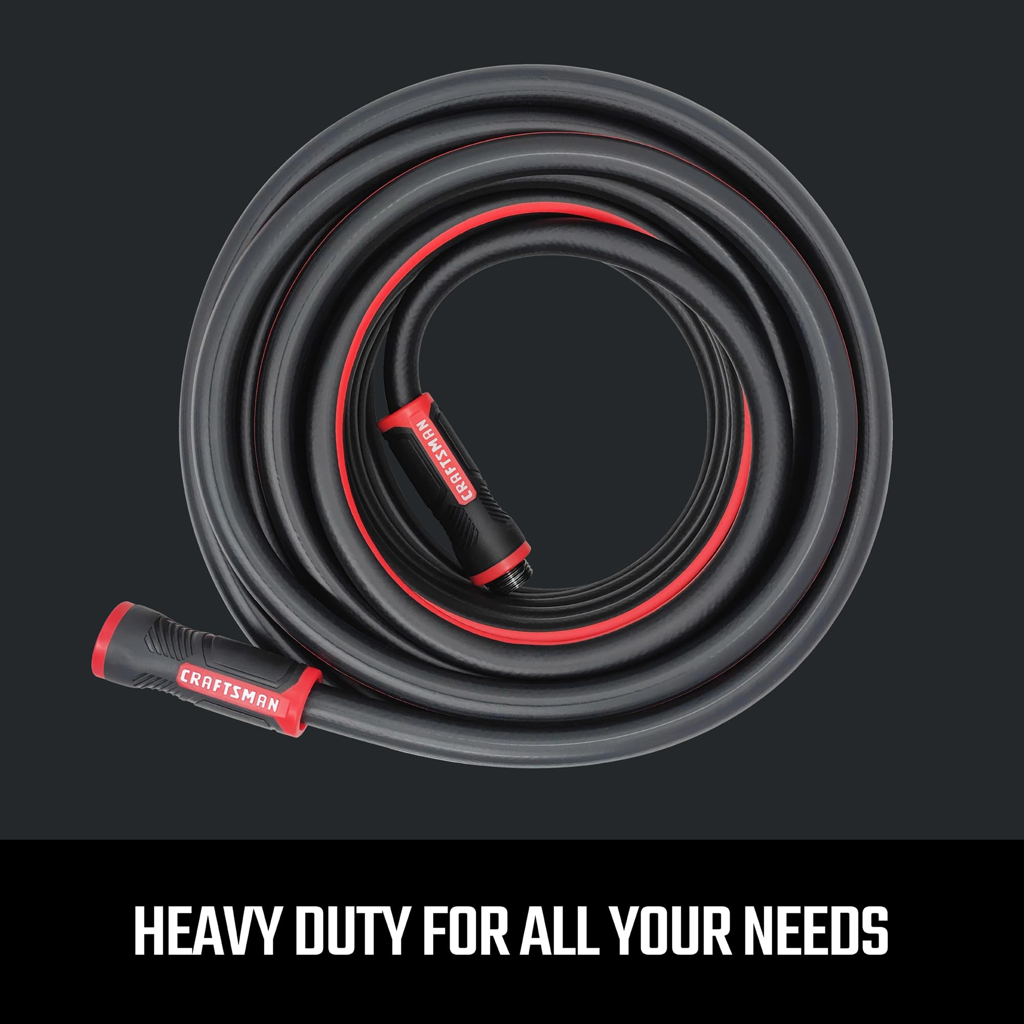 Craftsman versatile outdoor-use hose shown alongside garden tools for broad task usability.