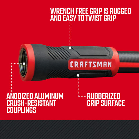 Craftsman flexible hose stays pliable in cold weather for easy maneuvering.