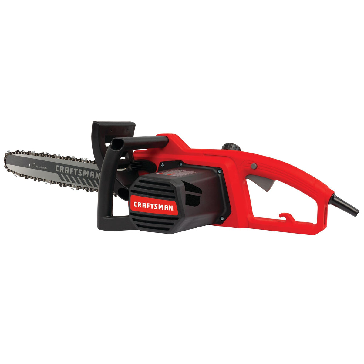 Craftsman electric chainsaw 16-inch bar closeup highlighting cutting power.