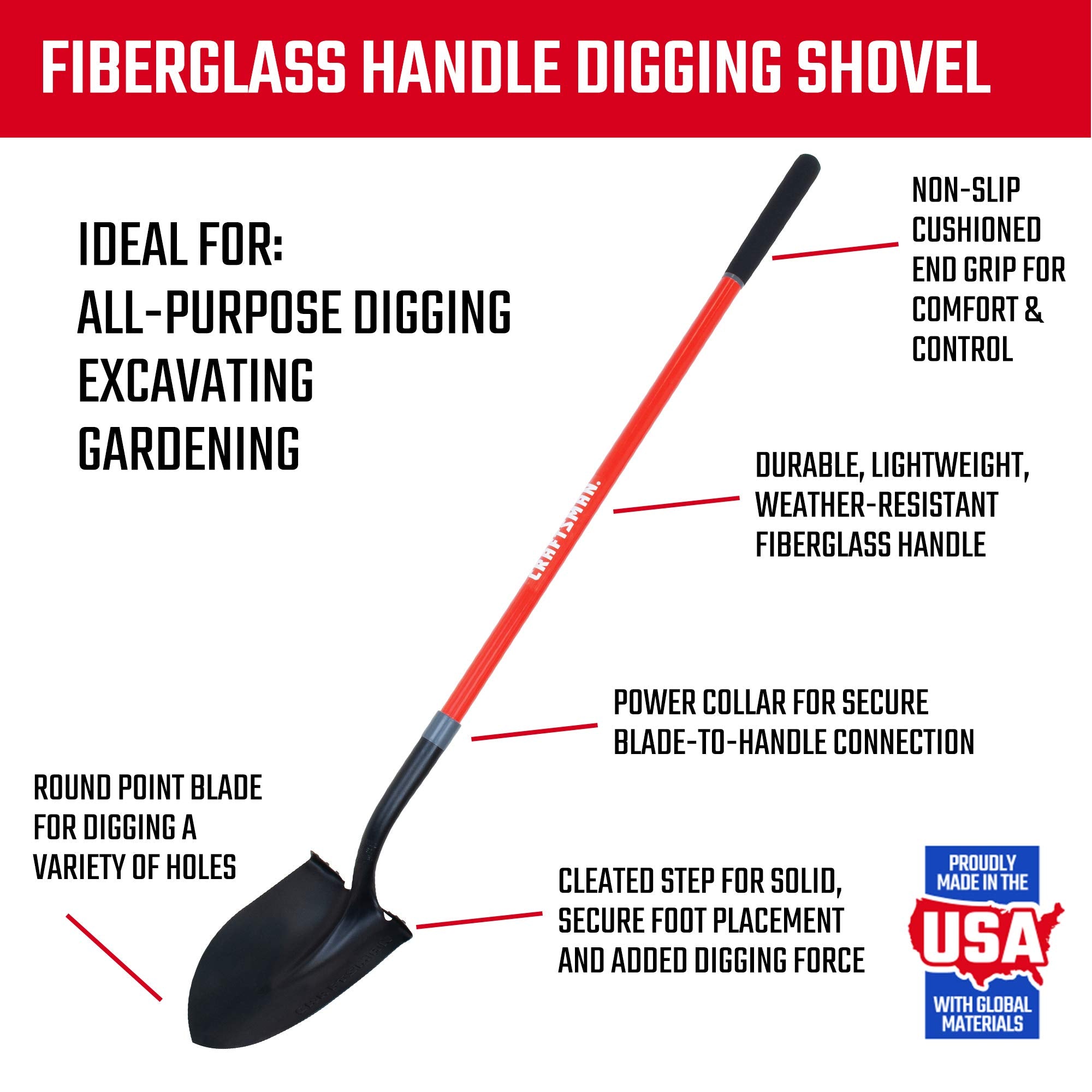 Craftsman fiberglass-handle digging shovel offers lightweight, durable garden work.