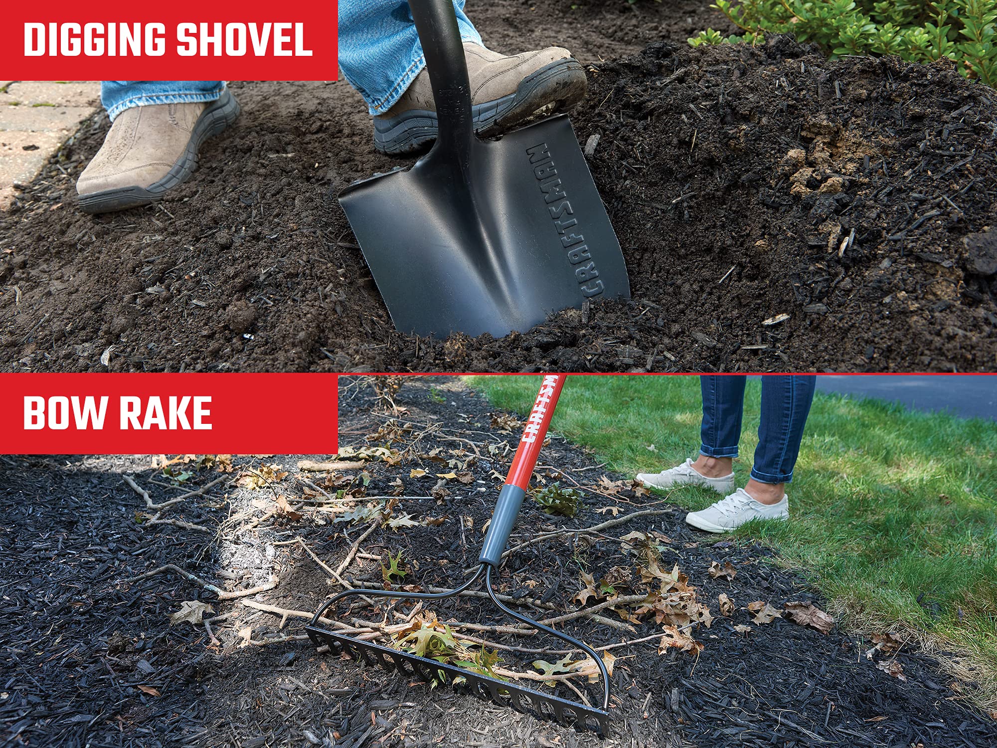 Craftsman fiberglass-handle rake enables smooth ground prep and leveling.