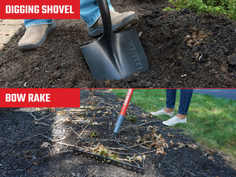Craftsman fiberglass-handle rake enables smooth ground prep and leveling.