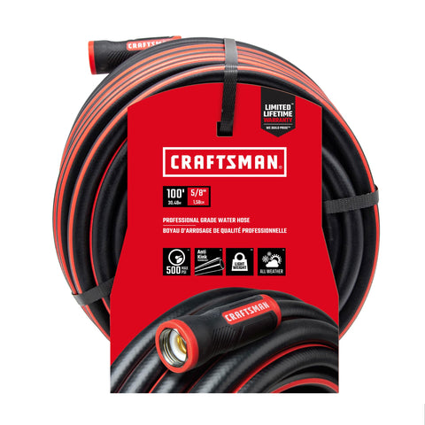Craftsman heavy-duty garden hose 100ft extended for broad lawn watering tasks.
