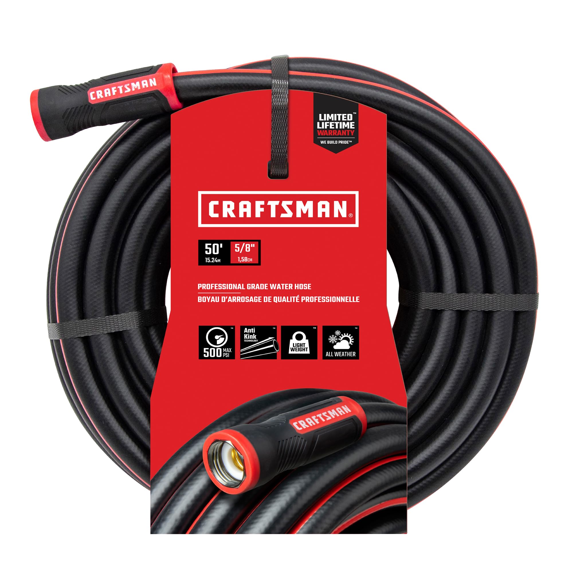 Craftsman heavy-duty garden hose 50ft, coiled neatly for easy storage.