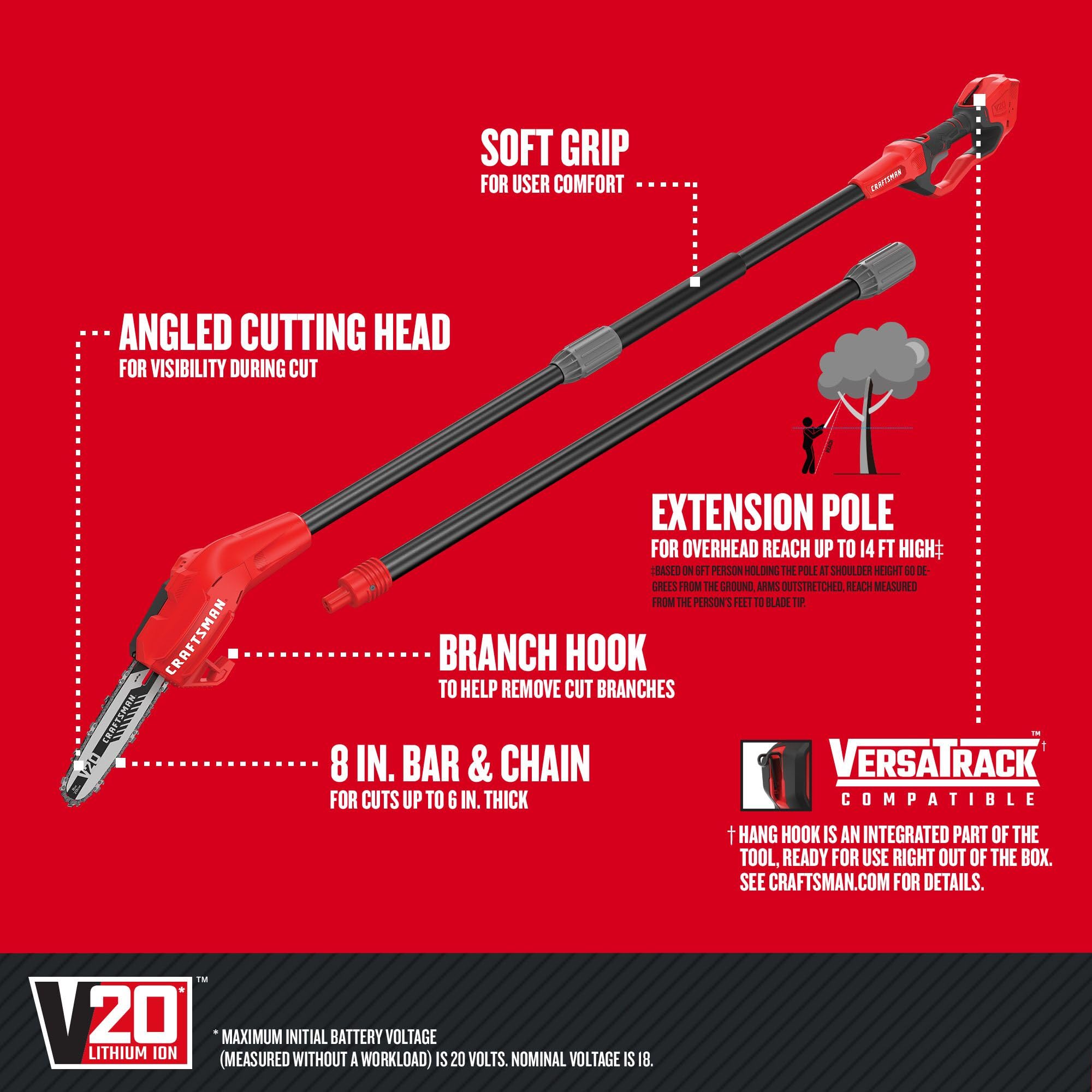 CRAFTSMAN pole saw angled head enables precise cuts on branches.