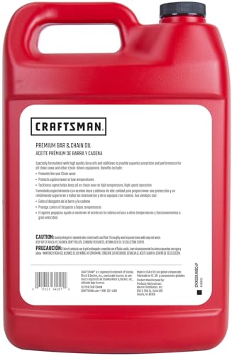 Craftsman premium bar and chain oil 1 gallon label close-up highlighting protective formula for cold and hot conditions