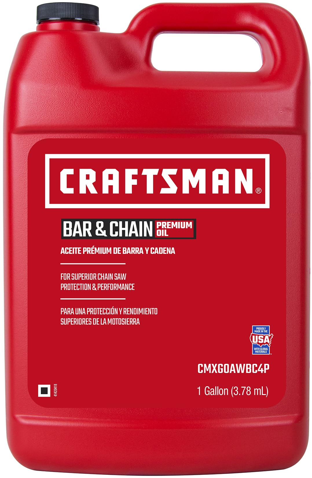 Craftsman premium bar and chain oil 1 gallon bottle pour showing tackiness that stays on the chain