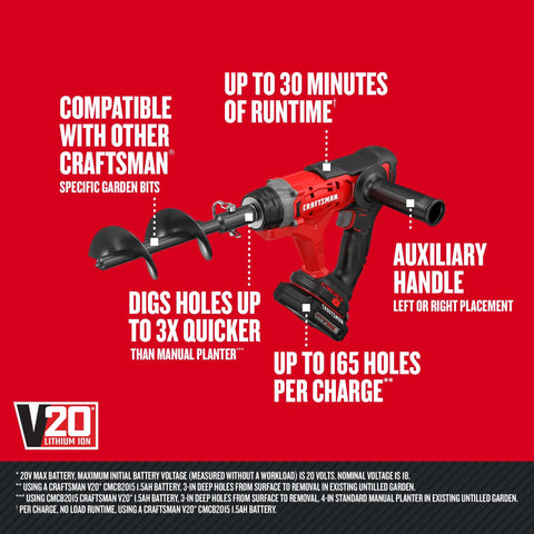 Craftsman V20 digging action shows fast hole creation for planting beds