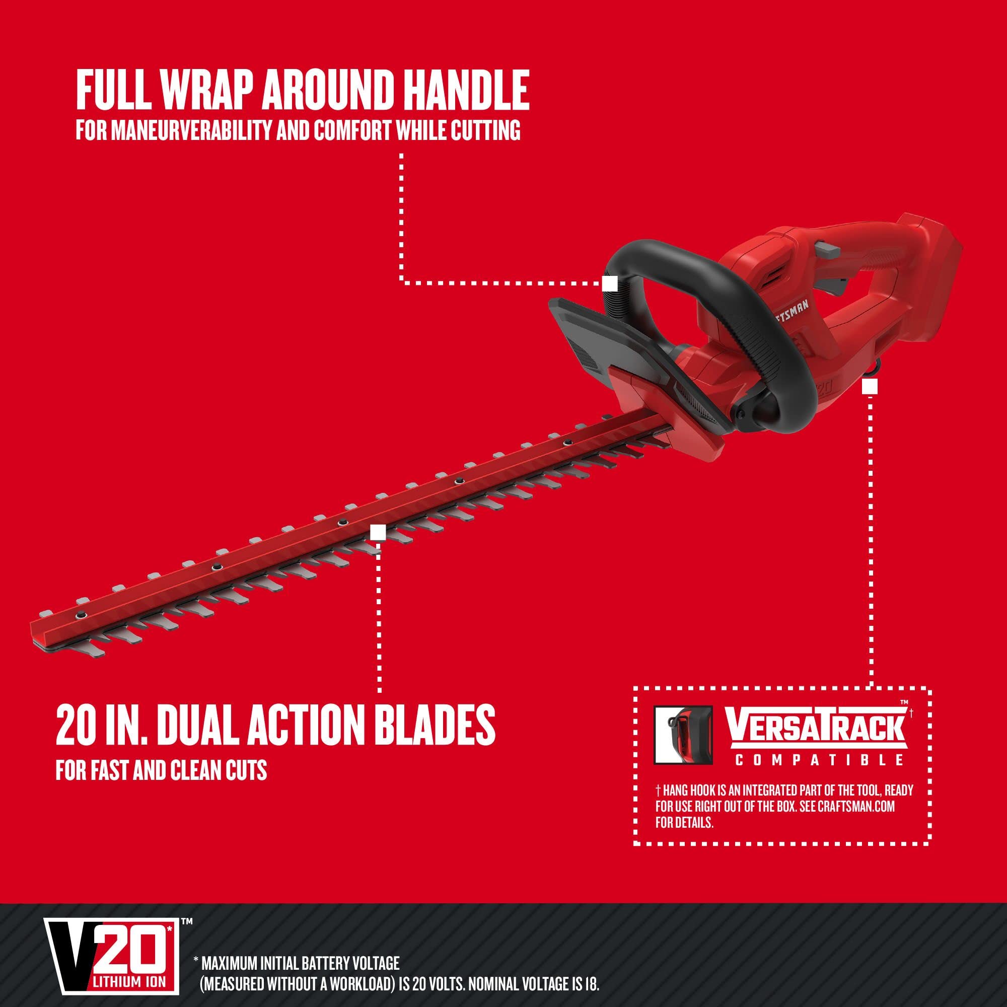 Craftsman V20 hedge trimmer ergonomic grip for comfortable trimming.