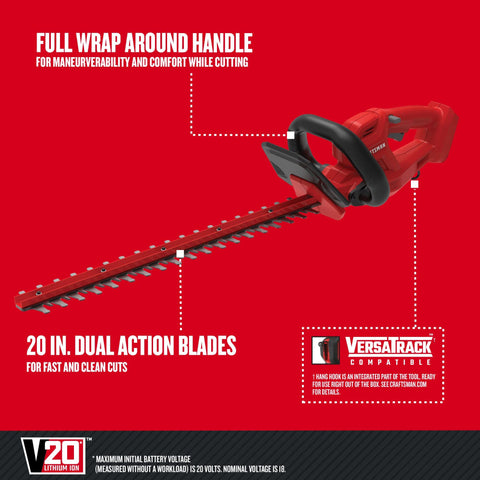 Craftsman V20 hedge trimmer ergonomic grip for comfortable trimming.