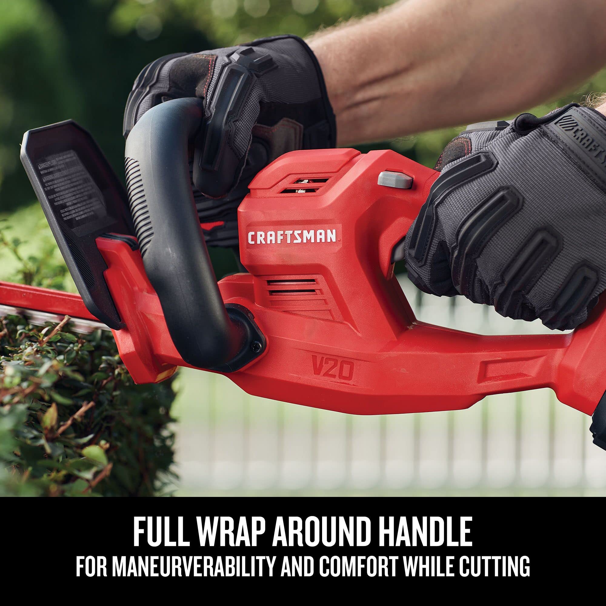 Craftsman V20 hedge trimmer cutting action demonstrating smooth pruning.