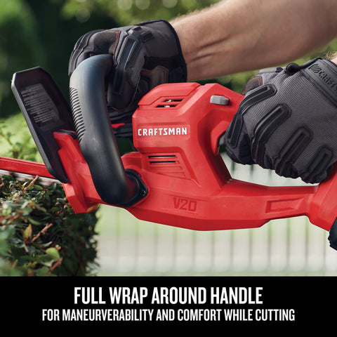 Craftsman V20 hedge trimmer cutting action demonstrating smooth pruning.