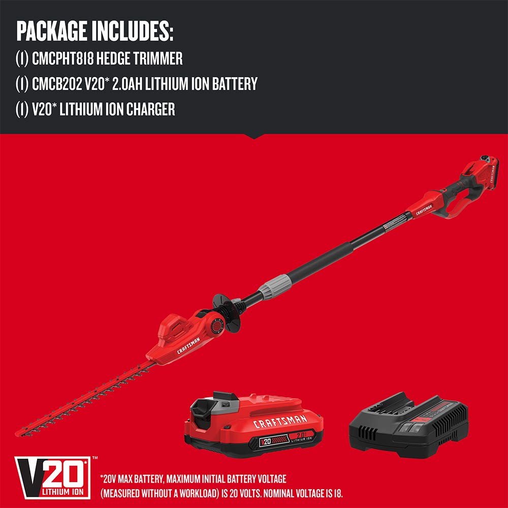 Craftsman V20 hedge trimmer dual-action 18-inch blades deliver clean cuts.