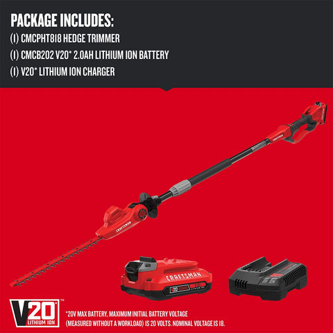 Craftsman V20 hedge trimmer dual-action 18-inch blades deliver clean cuts.